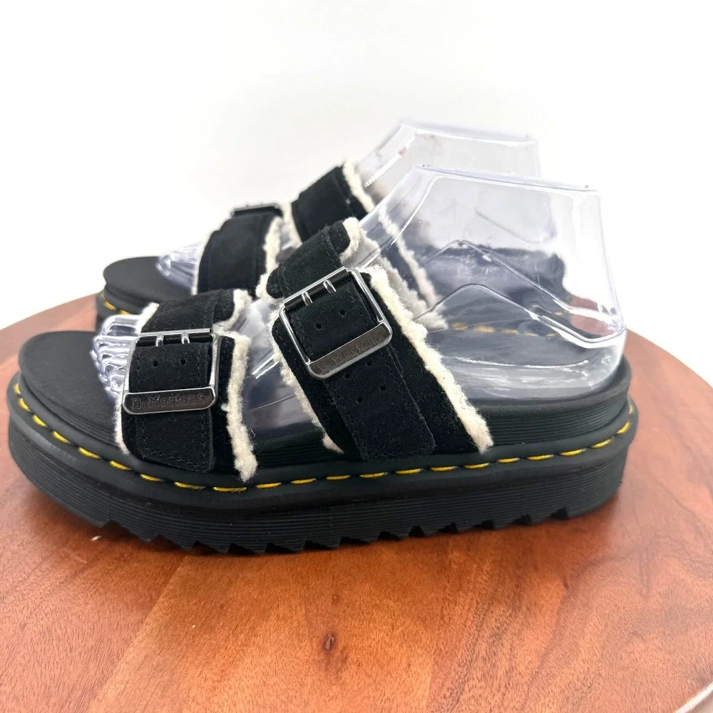 Dr. Martens Myles Suede Faux Shearling Lined Sandal Black Platform Slide Women 8